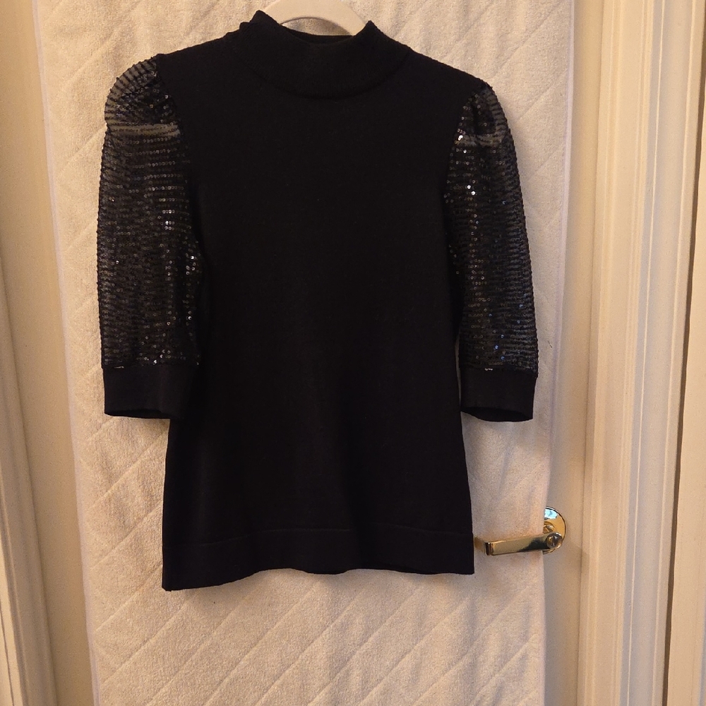 Carmen Marc Valvo Black Top with Sequin Sleeves